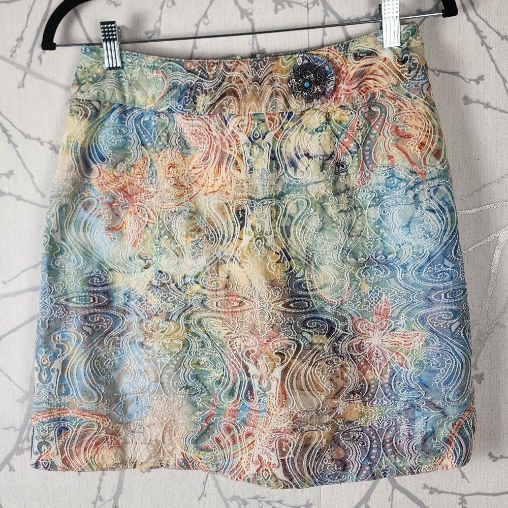 Abstract Artsy Swirl Tapestry Mini Skirt w/ Jewel Button